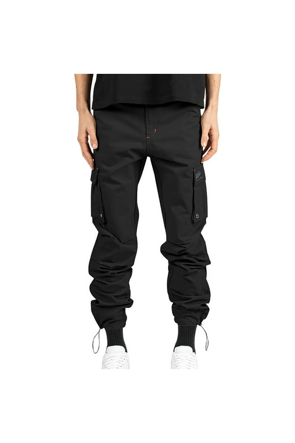 Men's Woven Streetwear Vintage Multi-Pocket Camouflage Bound Feet Casual Loose Fit Cargo Pants Joggers Black XL