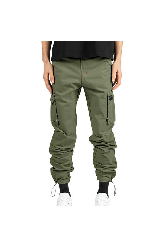 Men's Woven Streetwear Vintage Multi-Pocket Camouflage Bound Feet Casual Loose Fit Cargo Pants Joggers Green XXL