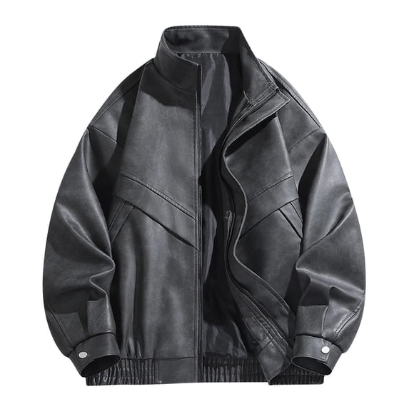 HOOMEUMY Men's Zip Up Leather Jacket Long Sleeve Motorcycle Jackets Casual Loose Vintage Motorcycle Coats Outwear (Black,L)