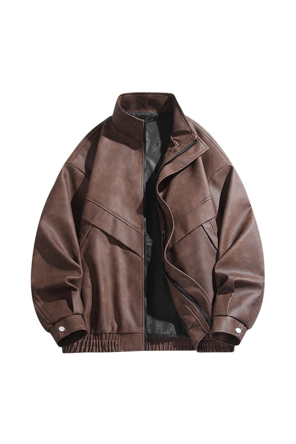 Men's Zip Up Leather Jacket Long Sleeve Motorcycle Jackets Casual Loose Vintage Motorcycle Coats Outwear (Brown,XL）