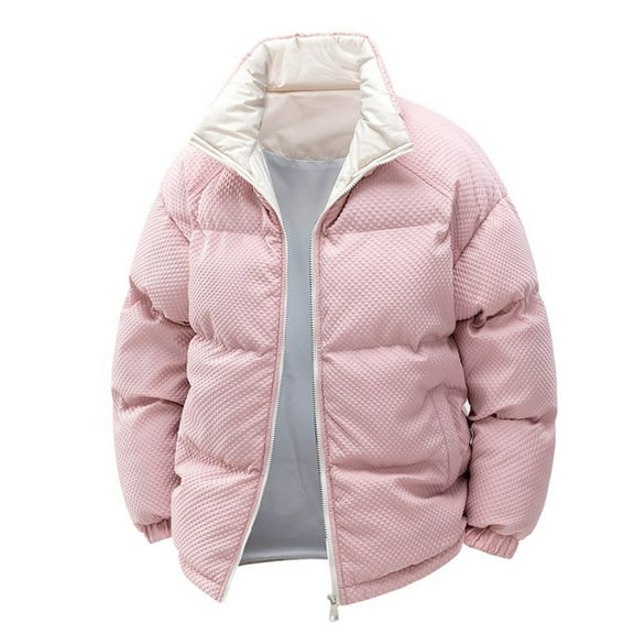HOOMEUMY Men's Zip Up Puffer Jacket Long Sleeve Thickened Warm Winter Coats Stand Collar Casual Comfy Overcoats with Pockets (Pink,XXXL)