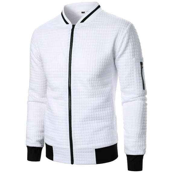 HOOMEUMY Men's Zipper Bomber Jackets Long Sleeve Stand Collar Lightweight Quilted Outwear Solid Color Sport Jacket Warm Fashion Spring White XXL