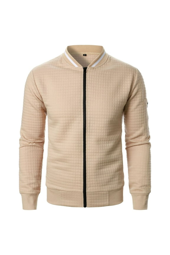 Men's Zipper Jacket Long Sleeve Warm Knitted Bomber Jackets Quilted Zipper Up Stand Collar Outwear Winter Fall Khaki M