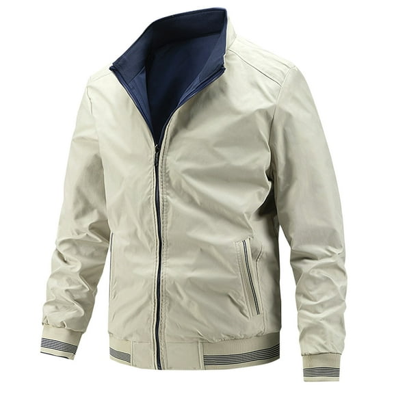 HOOMEUMY Men's Zipper Up Stand Collar Jacket Contrast Color Long Sleeve Zipper Pockets Lightweight Casual Outerwear Beige XXXXXL