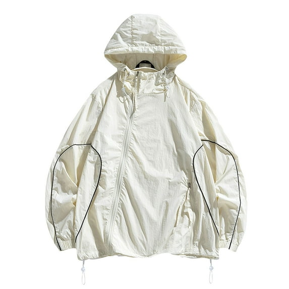 HOOMEUMY Mens Athletic Jacket Crew Neck Jacket Sun Protection Design Casual Workout Long Sleeve Clothes Fashion 2025 Trendy Classic Solid Coat White L