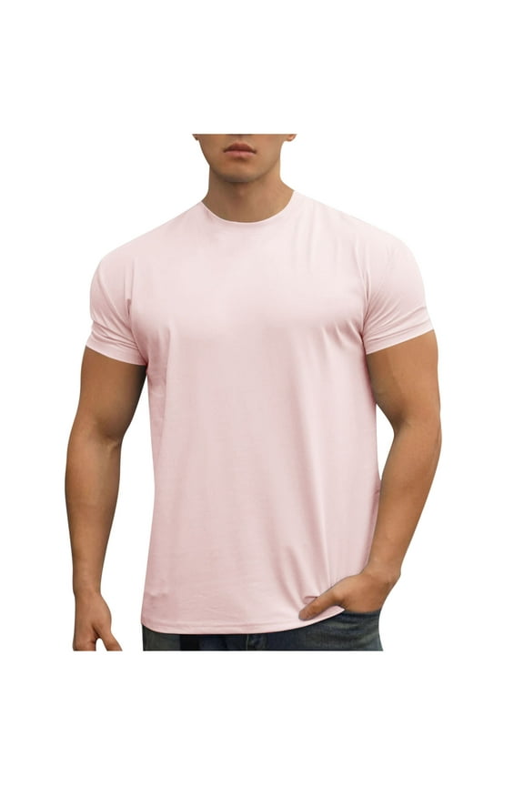 Mens Athletic Shirts Crew Neck Sports Fitness shirt Comfy Lightweight Shirts Summer Short Sleeve Shirt Casual Solid Color Fashion (Pink,L)