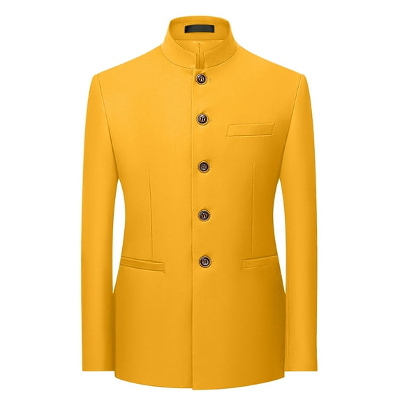 HOOMEUMY Mens Blazer Suit Jacket 2025 Trendy Classic Solid Coat Stand Collar Design Single-Breasted Slim Fit Pockets Jacket Casual Workout Long Sleeve Clothes Fashion Yellow XXXXXL