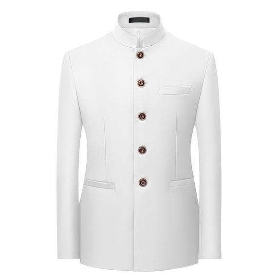 HOOMEUMY Mens Blazer Suit Jacket Fashion 2024 Trendy Classic Solid Coat Stand Collar Design Single-Breasted Slim Fit Pockets Jacket Casual Workout Long Sleeve Clothes White XXL