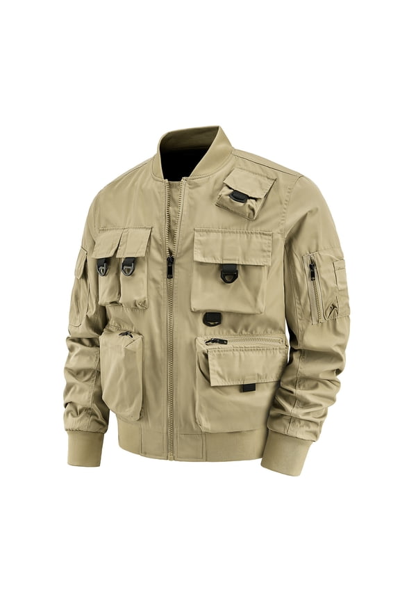 Mens Bomber Cargo Jacket Multi-Pockets Utility Jacket Casual Workout Long Sleeve Clothes Fashion 2025 Trendy Classic Solid Coat Stand Collar Design Yellow L