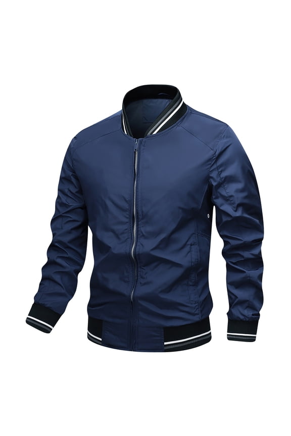Mens Bomber Jacket Casual Workout Raglan Sleeve Clothes Fashion 2025 Trendy Classic Solid Coat Stand Collar Jacket Windproof Design Dark Blue XXL