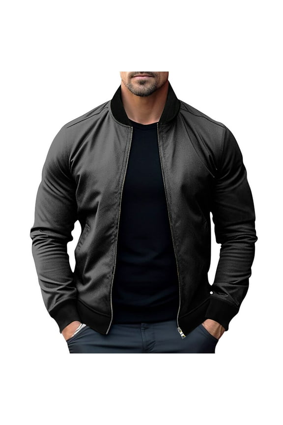 Mens Bomber Jacket Long Sleeve Clothes Fashion 2025 Trendy Classic Solid Coat Stand Collar Jacket Stretch Design Casual Workout Dark Gray L