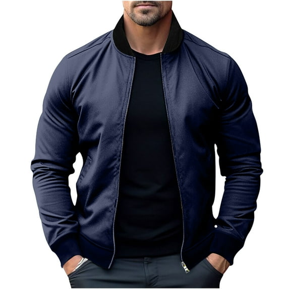HOOMEUMY Mens Bomber Jacket Long Sleeve Clothes Fashion 2025 Trendy Classic Solid Coat Stand Collar Jacket Stretch Design Casual Workout Navy S