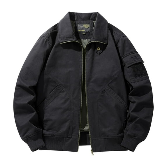 HOOMEUMY Mens Bomber Jacket Multi-Pocket Zip Up Jacket Casual Workout Long Sleeve Clothes Fashion 2025 Trendy Classic Solid Coat Turndown Collar Design Black L