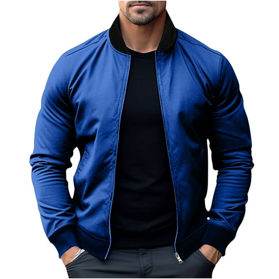 HOOMEUMY Mens Bomber Jacket Workout Long Sleeve Clothes Fashion 2025 Trendy Classic Solid Coat Stand Collar Jacket Stretch Design Casual Blue XL
