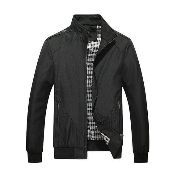 HOOMEUMY Mens Bomber Jacket Long Sleeve Clothes Fashion 2025 Trendy Classic Solid Coat Stand Collar Jacket Zipper Design Casual Workout Black XXXL