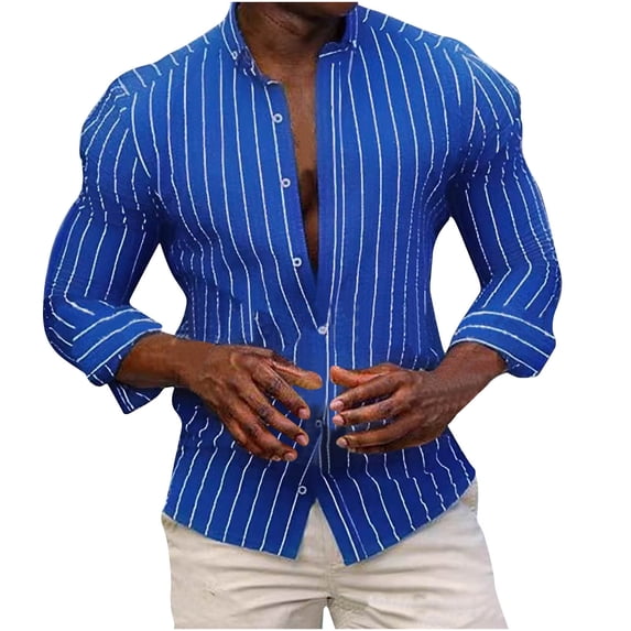 HOOMEUMY Mens Button-Up Shirts Deals Striped Design Stand Collar Tops Slim Fit Blouse Casual Basic Long Sleeve Shirts Fashion 2024 Trendy Blue XXXL
