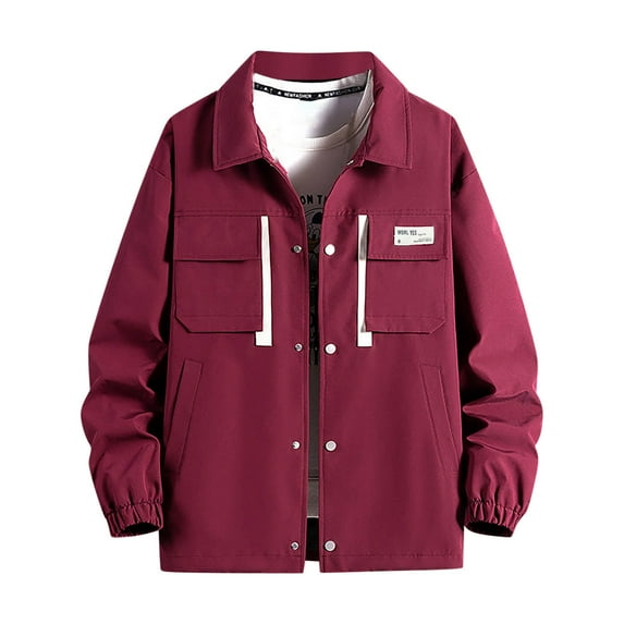 HOOMEUMY Mens Cargo Jacket Casual Workout Long Sleeve Clothes Fashion 2025 Trendy Classic Solid Coat Turndown Collar Jacket Loose Fit Design Red XL