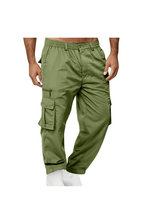 Mens Cargo Pants Casual Regular Fit Solid Color Jogging Cool Pant Workout Athletic Joggers Multi Pocket Outdoor Fashion Elastic Waist Trousers Straight Fit Full-length PantsⓐArmy Green M