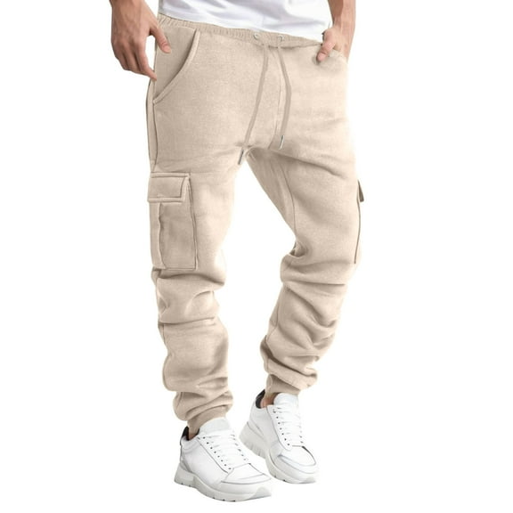 HOOMEUMY Mens Cargo Pants Casual Workout Tapered Pants for Men Soccer Running Solid Color Jogging Cool Pant Training Track Pants with Pockets Elastic Waist Trousers Outdoor FashionⓐKhaki M