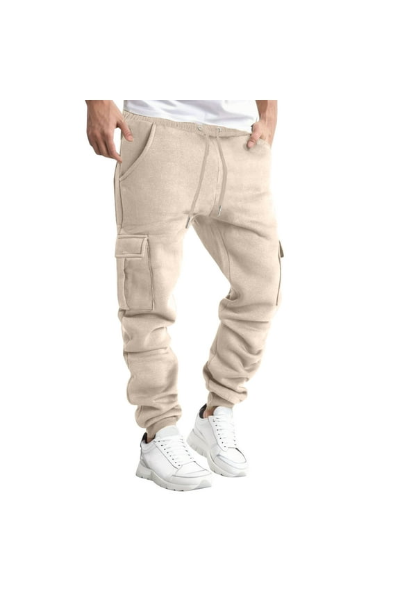 Mens Cargo Pants Casual Workout Tapered Pants for Men Soccer Running Solid Color Jogging Cool Pant Training Track Pants with Pockets Elastic Waist Trousers Outdoor FashionⓐKhaki M
