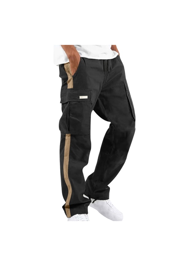 Mens Cargo Pants Elastic Waist Trousers Outdoor Fashion Casual Regular Fit Color Block Straight Fit Full-length Pants Jogging Cool Pant Workout Athletic Joggers Multi PocketⓐBlack M