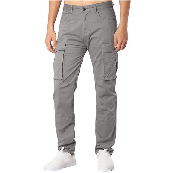 HOOMEUMY Mens Cargo Pants Elastic Waist Trousers Workout Athletic Joggers Outdoor Fashion Straight Fit Full-length Pants Casual Regular Fit Jogging Cool Pant Multi Pocket Solid ColorⓐGray XL