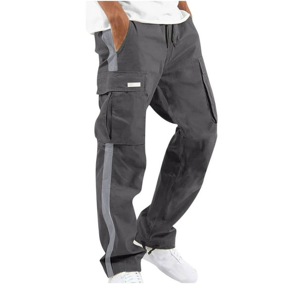 HOOMEUMY Mens Cargo Pants Outdoor Fashion Casual Regular Fit Color Block Workout Athletic Jogging Cool Pant Multi Pocket Straight Fit Full-length Pants Elastic Waist TrousersⓐDark Gray L