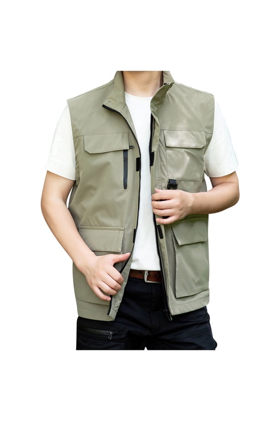 Mens Cargo Pockets Vest Light Weight Design Casual Workout Sleeveless Clothes Fashion 2025 Trendy Classic Solid Coat Stand Collar Jacket Khaki XXL