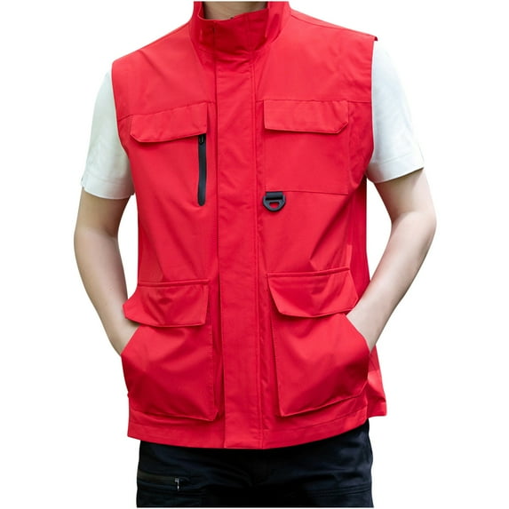 HOOMEUMY Mens Cargo Pockets Vest Light Weight Design Casual Workout Sleeveless Clothes Fashion 2025 Trendy Classic Solid Coat Stand Collar Jacket Red XXXXL