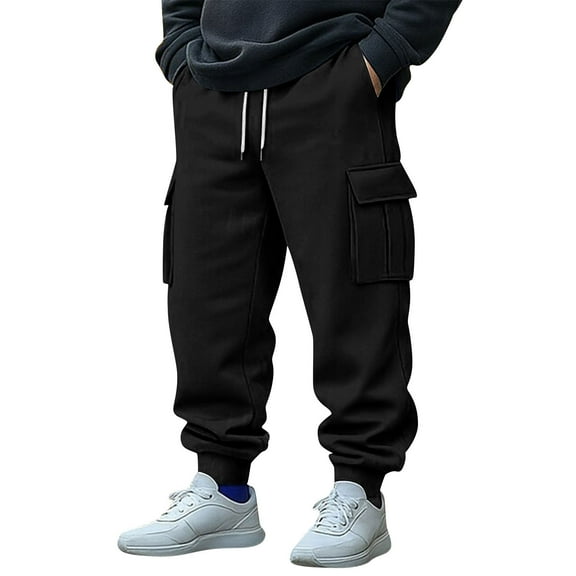 HOOMEUMY Mens Cargo Sweatpants Elastic Waist Sweat Pants with Pockets Casual Baggy Drawstring Jogger Pants Running Athletic Workout Sweatpants (Black,XL)