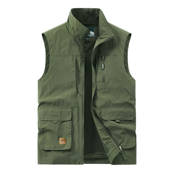 HOOMEUMY Mens Cargo Vest 2025 Trendy Classic Solid Coat Standing Collar Jacket Pocket Design Casual Workout Sleeveless Clothes Fashion Green XXXXXL