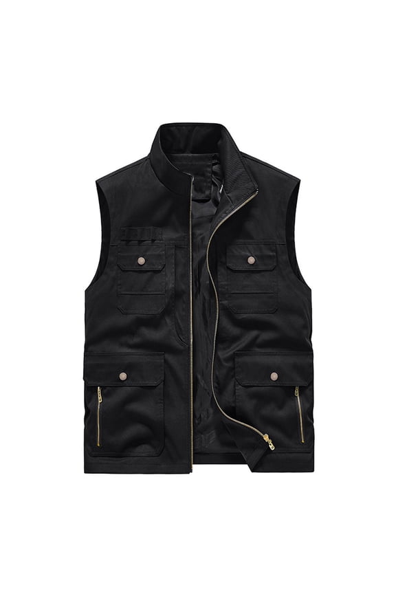 Mens Cargo Vest Casual Workout Sleeveless Clothes Fashion 2025 Trendy Classic Solid Coat Stand Collar Jacket Mountaineering Design Black XL