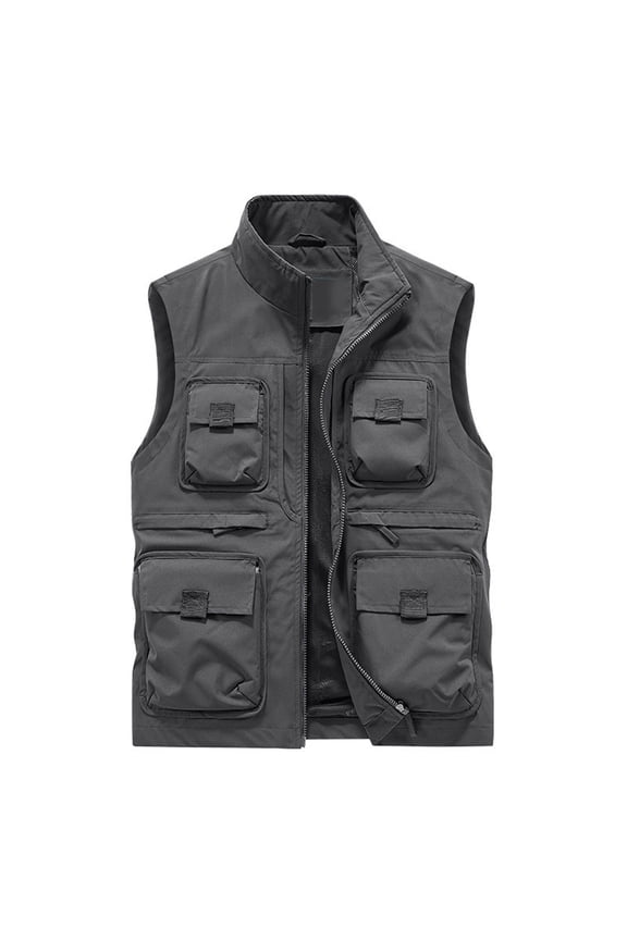 Mens Cargo Vest Casual Workout Sleeveless Clothes Fashion 2025 Trendy Classic Solid Coat Stand Collar Jacket Mountaineering Design Gray M