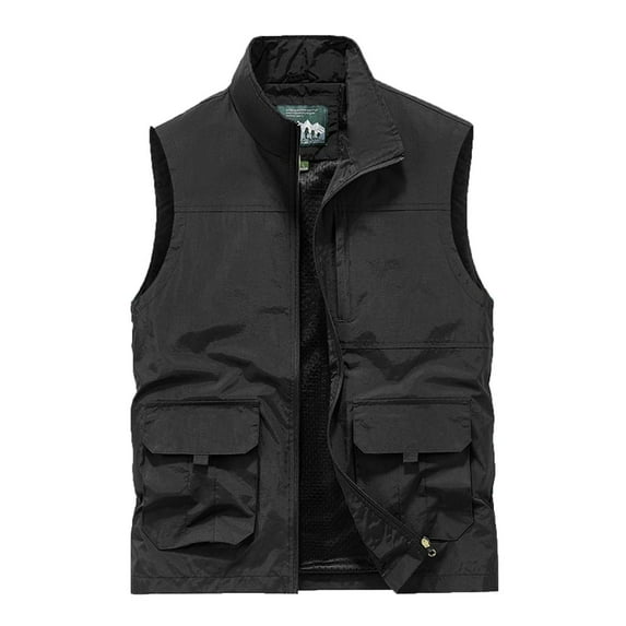 HOOMEUMY Mens Cargo Vest Casual Workout Sleeveless Clothes Fashion 2025 Trendy Classic Solid Coat Standing Collar Jacket Pocket Design Black M