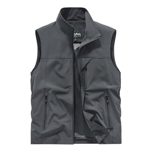 HOOMEUMY Mens Cargo Vest 2025 Trendy Classic Solid Coat Standing Collar Jacket Pocket Design Casual Workout Sleeveless Clothes Fashion Gray XXXXXL