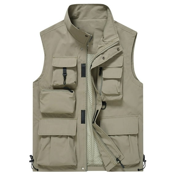 HOOMEUMY Mens Cargo Vest Deals 2024 Trendy Classic Solid Coat Standing Collar Jacket Pocket Design Casual Workout Sleeveless Clothes Fashion Yellow XXXL