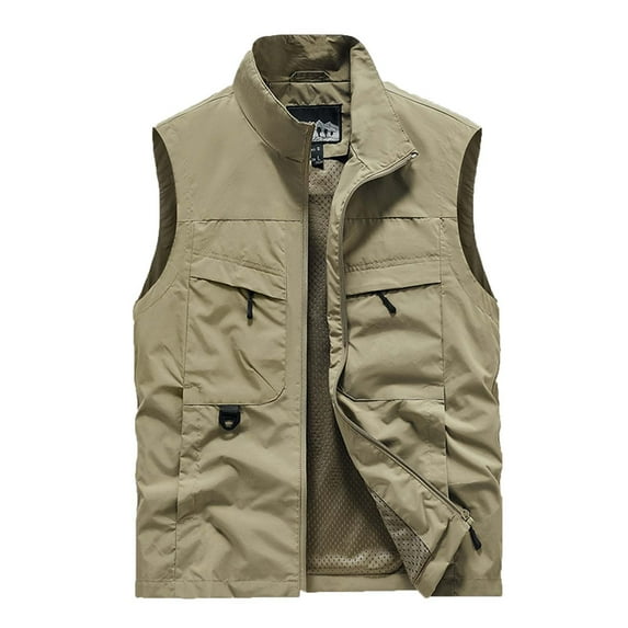HOOMEUMY Mens Cargo Vest 2025 Trendy Classic Solid Coat Standing Collar Jacket Pocket Design Casual Workout Sleeveless Clothes Fashion Yellow XXXL