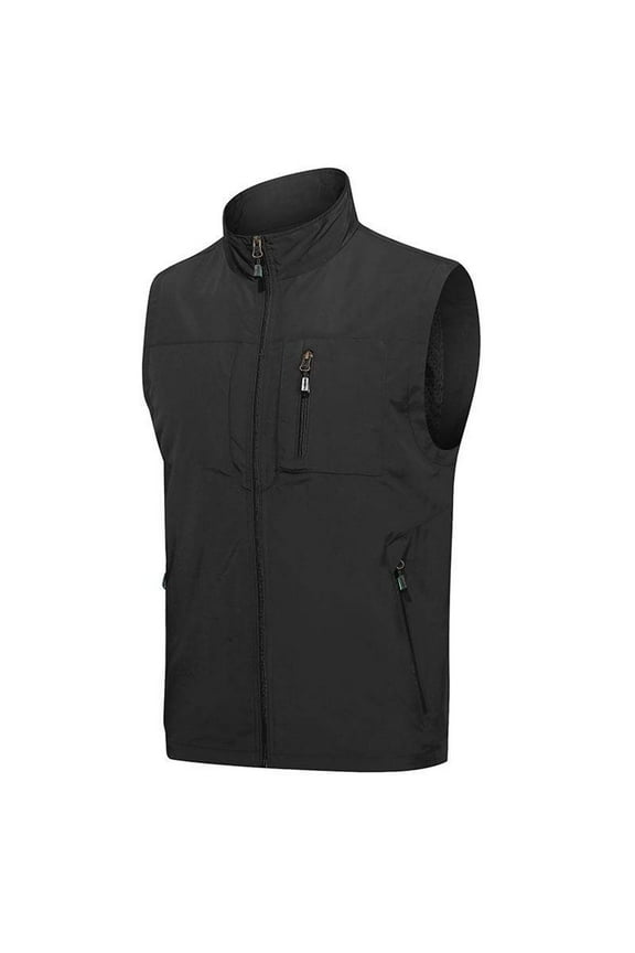 Mens Cargo Vest Casual Workout Sleeveless Clothes Fashion 2025 Trendy Classic Solid Coat Stand Collar Jacket Light Weight Design Black L