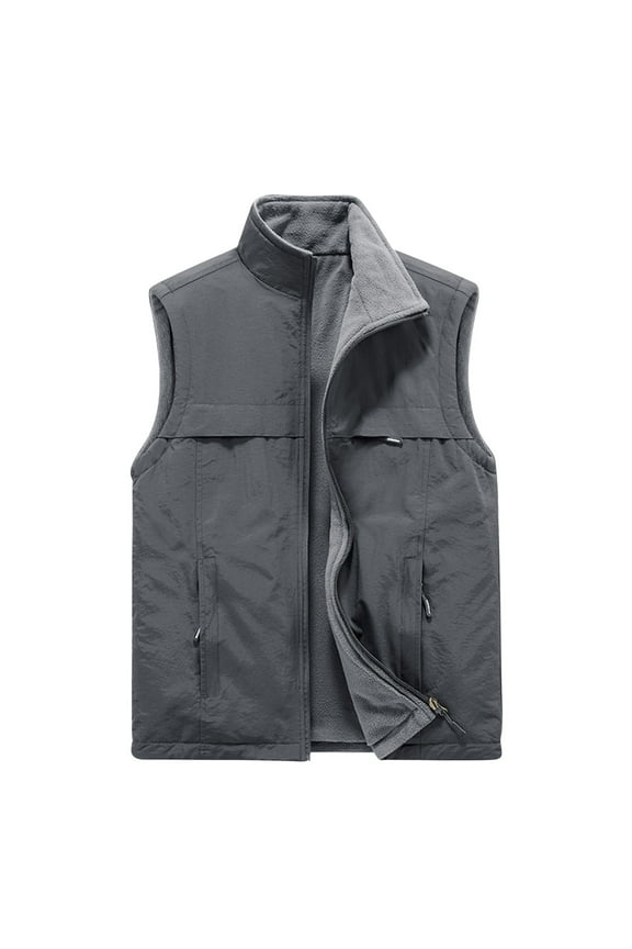 Mens Cargo Vest Casual Workout Sleeveless Clothes Fashion Trendy Classic Solid Coat Stand Collar Jacket Padded Design Gray L