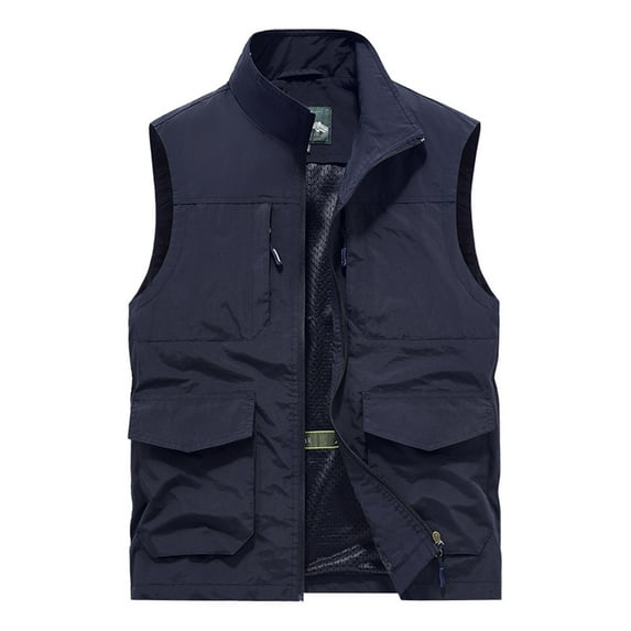HOOMEUMY Mens Cargo Vest Casual Workout Sleeveless Clothes Fashion 2025 Trendy Classic Solid Coat Standing Collar Jacket Pocket Design Blue XXL