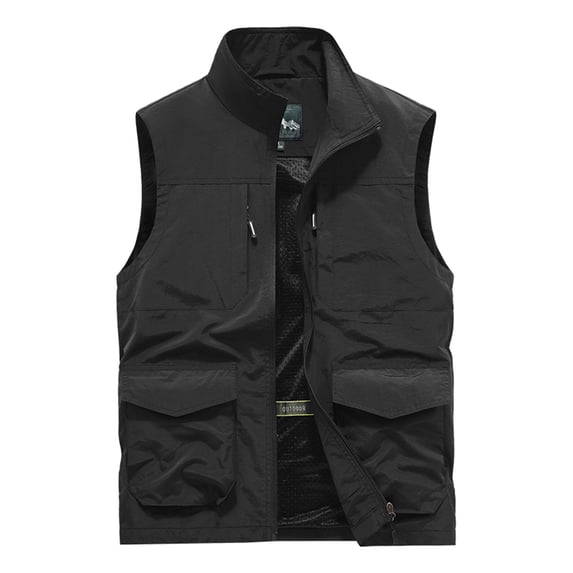 HOOMEUMY Mens Cargo Vest Classic Solid Coat Standing Collar Jacket Pocket Design Casual Workout Sleeveless Clothes Fashion 2025 Trendy Black M