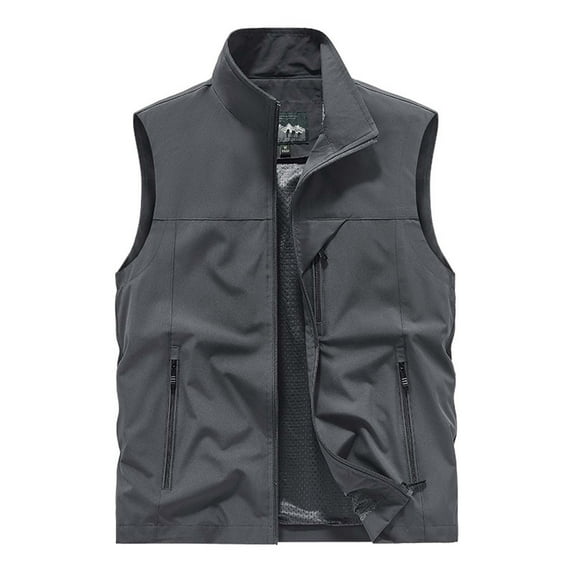 HOOMEUMY Mens Cargo Vest Classic Solid Coat Standing Collar Jacket Pocket Design Casual Workout Sleeveless Clothes Fashion 2025 Trendy Gray XXXXXXL
