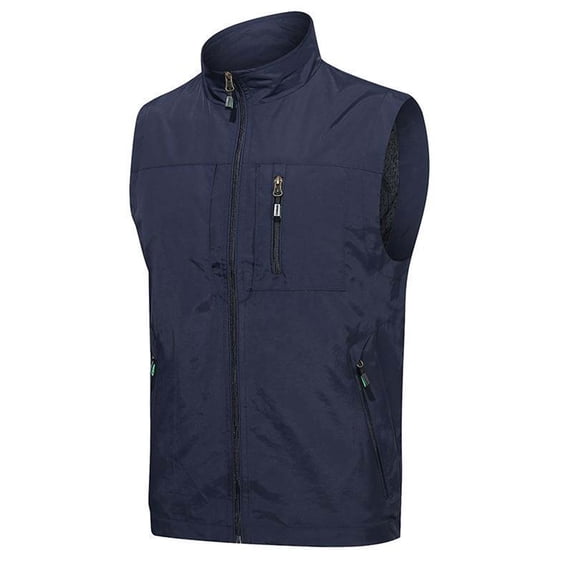 HOOMEUMY Mens Cargo Vest Fashion 2025 Trendy Classic Solid Coat Stand Collar Jacket Light Weight Design Casual Workout Sleeveless Clothes Dark Blue XXXXL