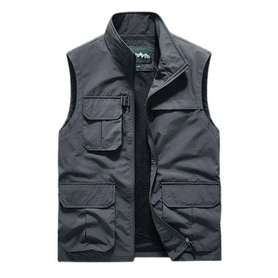 HOOMEUMY Mens Cargo Vest Fashion 2025 Trendy Classic Solid Coat Stand Collar Jacket Pockets Design Casual Workout Sleeveless Clothes Gray XXXXL