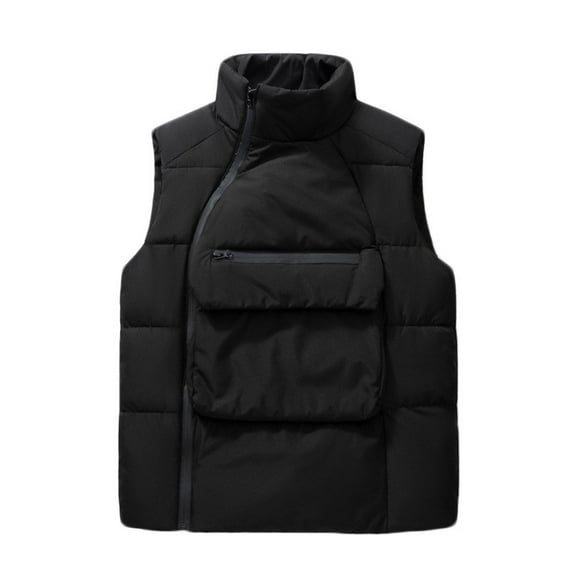 HOOMEUMY Mens Cargo Vest Padded Design Casual Workout Sleeveless Clothes Fashion 2025 Trendy Classic Solid Coat Stand Collar Jacket Black L