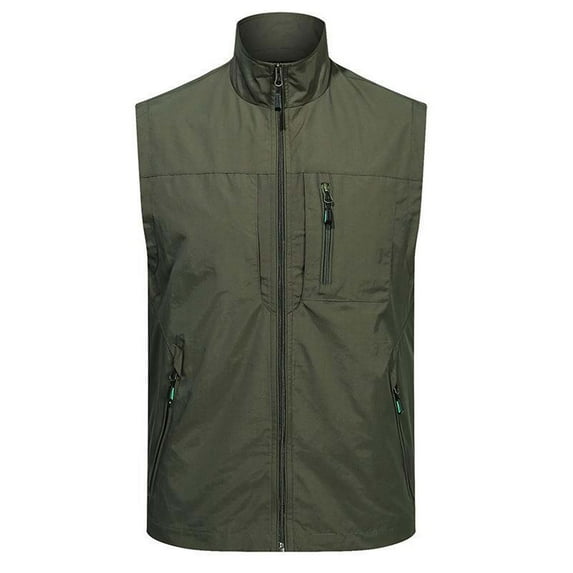 HOOMEUMY Mens Cargo Vest Sleeveless Clothes Fashion 2025 Trendy Classic Solid Coat Stand Collar Jacket Light Weight Design Casual Workout Army Green XXXL