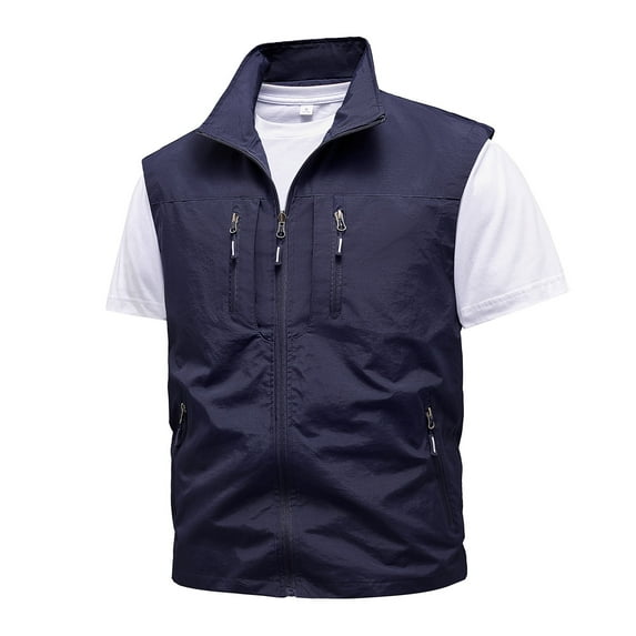 HOOMEUMY Mens Cargo Vest Sleeveless Clothes Fashion 2025 Trendy Classic Solid Coat Standing Collar Jacket Pocket Design Casual Workout Blue XXXXL