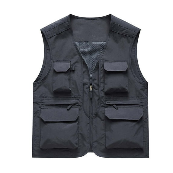 HOOMEUMY Mens Cargo Vest Sleeveless Clothes Fashion 2025 Trendy Classic Solid Coat Standing Collar Jacket Pocket Design Casual Workout Gray M