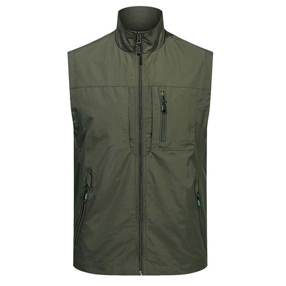HOOMEUMY Mens Cargo Vest Stand Collar Jacket Light Weight Design Casual Workout Sleeveless Clothes Fashion 2025 Trendy Classic Solid Coat Army Green M
