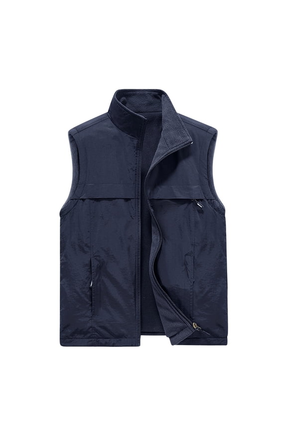Mens Cargo Vest Stand Collar Jacket Padded Design Casual Workout Sleeveless Clothes Fashion 2025 Trendy Classic Solid Coat Dark Blue M